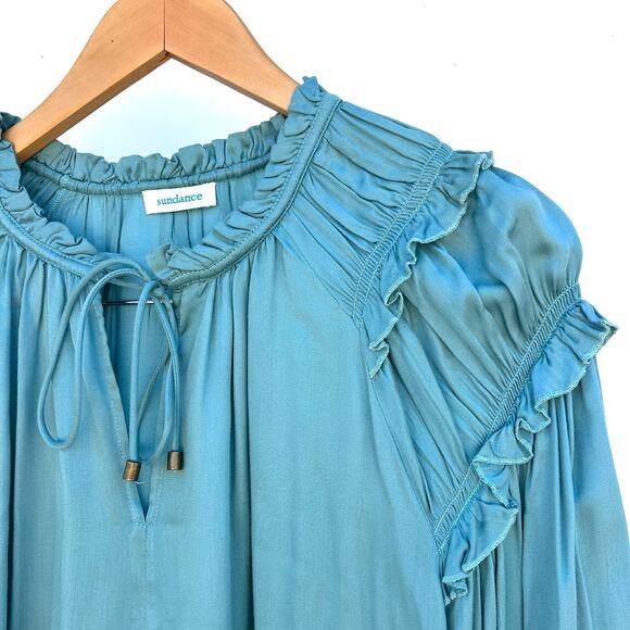 Sundance Pleated Peasant Blouse Ruffle Shoulder Silk Teal Blue Large Top - Picture 5 of 7